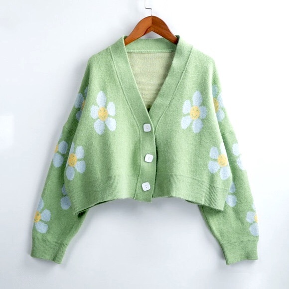 Sweaters - 🌻 [3/$13] Retro 90s Style Smiling Daisy Cropped Green Cardigan